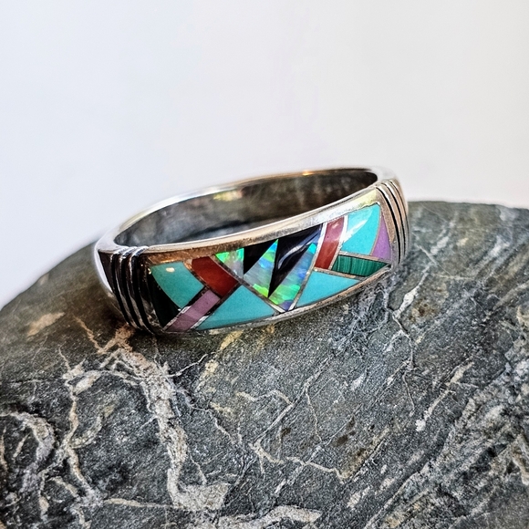 Navajo Ring, Multi Stone Inlayed, Sterling Silver. Artist: Steve Fransico EUC! - Picture 10 of 11